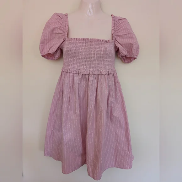 Aritzia Sunday Best Mini Smocked Babydoll Dress Small Pink & White Strip… - Picture 6 of 12
